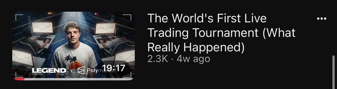 A YouTube video thumbnail titled 'The World's First Live Trading Tournament (What Really Happened)' with 2.3K views from 4 weeks ago, showing a young man on a LEGEND podcast.