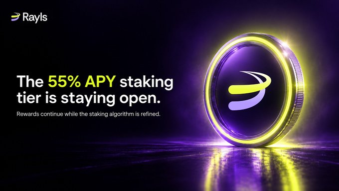 A promotional graphic from Rayls featuring a glowing yellow and purple coin, announcing that the 55% APY staking tier remains open while rewards continue and the staking algorithm is refined.