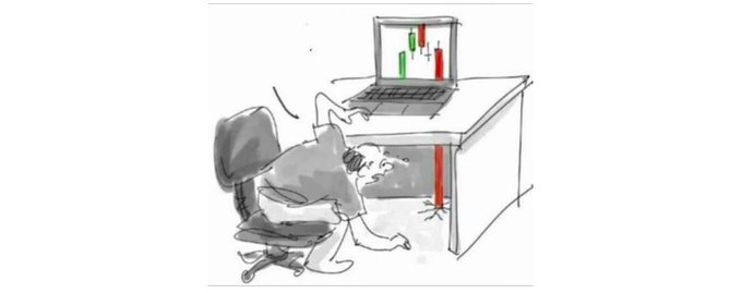 A cartoon illustration depicts a frantic trader collapsed on the floor and chair, reaching toward a desk where a laptop displays red and green candlestick charts with a steep downward price trend.