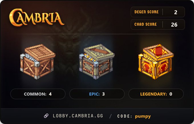 A gaming dashboard for "CAMBRIA" showing a Degen Score of 2 and Chad Score of 26, with inventory counts of Common (4), Epic (3), and Legendary (0) crates displayed, and the link lobby.cambria.gg with code "pumpy".
