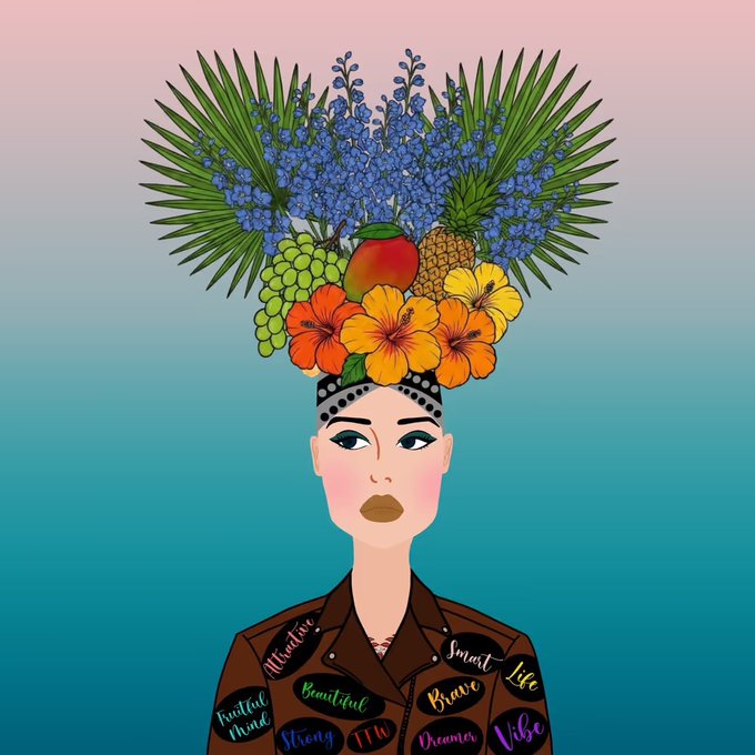 An illustration of a woman with an elaborate headpiece made of palm fronds, blue flowers, grapes, pineapple, apple, and hibiscus blooms, wearing a brown shirt decorated with words like "Wild at heart," "Smart," "Brave," "Vibe," and "Dreamer."