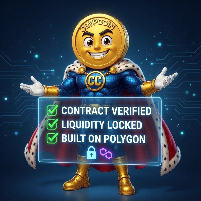 A cartoon coin superhero mascot for "CRYPCOIN" stands with arms outstretched against a digital circuit board backdrop, featuring a chest emblem labeled "CC" and presenting a checklist that reads "CONTRACT VERIFIED," "LIQUIDITY LOCKED," and "BUILT ON POLYGON." The image visually reinforces the post's emphasis on $CRYP's transparency and credibility within the Web3 space.