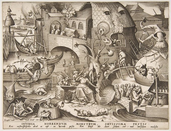 A detailed 16th-century engraving by Pieter Bruegel the Elder, titled "Invidia" (Envy) as part of his "Seven Deadly Sins" series, depicts a chaotic allegorical scene with demonic figures, grotesque monsters, and a central figure labeled "INVIDIA," illustrating the destructive nature of envy through symbolic imagery of conflict and suffering. The Latin and German inscriptions at the bottom read "INVIDIA HORRENDUM MONSTRUM SAEVISSIMA PESTIS," describing envy as a horrible monster and cruelest plague.