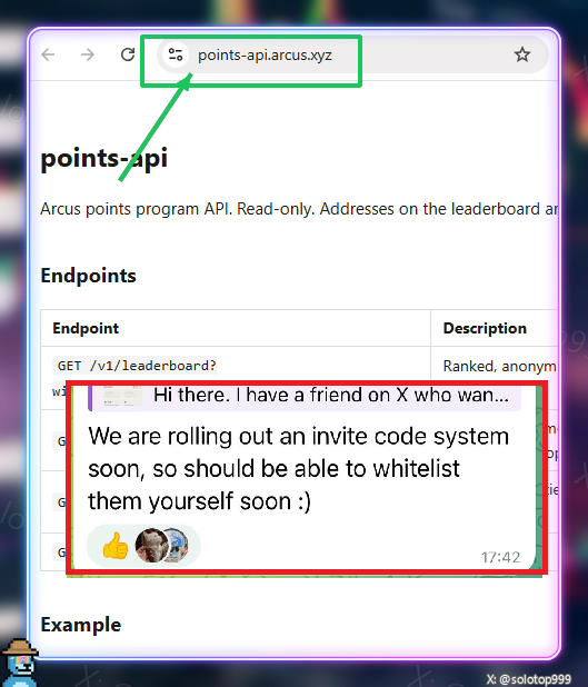 A screenshot of a webpage for 'points-api' at points-api.arcus.xyz with a chat message overlay stating an invite code system is being rolled out for whitelisting.