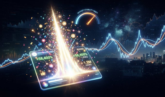 A vibrant digital illustration depicting a glowing smartphone displaying '+58,400% LIKES' with confetti exploding upward, set against a backdrop of stock market charts and a 'MARKET STABILITY INDEX' gauge over a nighttime cityscape.
