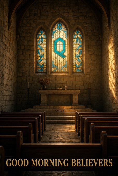 A church interior with stained glass windows featuring a teal 'Q' logo and the text 'GOOD MORNING BELIEVERS' at the bottom, with 'SMQX' carved into the altar.