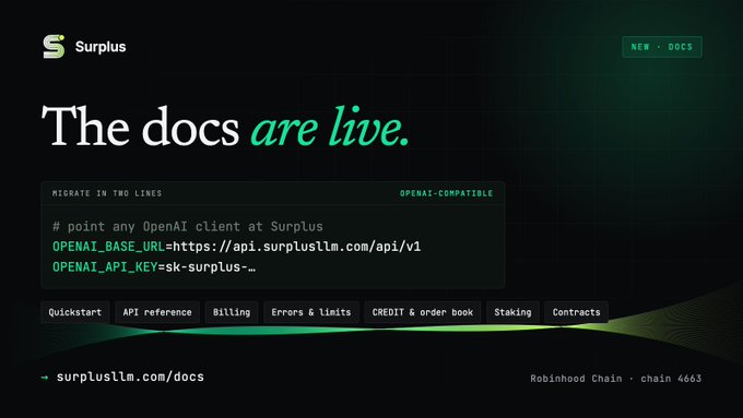 Surplus announcement webpage reading 'The docs are live' with code showing OPENAI_BASE_URL=https://api.surplusllm.com/api/v1, tagged as 'NEW · DOCS' and 'Robinhood Chain · chain 4663'.