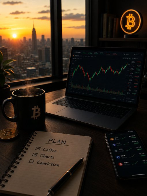 A moody workspace scene at sunset overlooking a city skyline, featuring a laptop displaying BTC price charts, a Bitcoin logo neon sign, a 'PLAN' notebook with checkboxes for 'Coffee' and 'Charts', a Bitcoin mug, and a smartphone showing crypto prices.