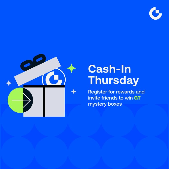 A bright blue promotional graphic featuring a white-and-green mystery box and the text “Cash-In Thursday” and “Register for rewards and invite friends to win GT mystery boxes.” The post adds that friends completing eligible trading tasks can earn a guaranteed GT mystery box, with registration offering 10 USDT for the first 5,000 users.