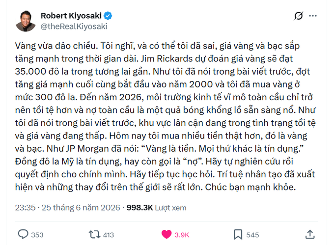 A tweet from Robert Kiyosaki (@theRealKiyosaki) predicting gold and silver prices will surge, with gold potentially reaching $35,000, while warning of a worsening global economic bubble and declining confidence in the U.S. dollar—aligning with the post's discussion of his bold financial forecasts.