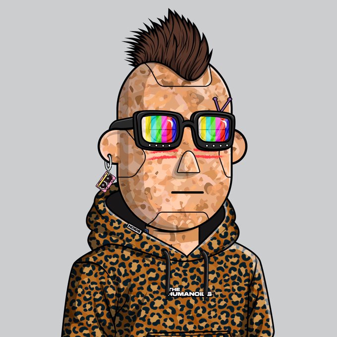 An illustration of a stylized character with a mohawk, wearing rainbow-lensed sunglasses and a leopard-print hoodie with 'THE HUMANOID' text.