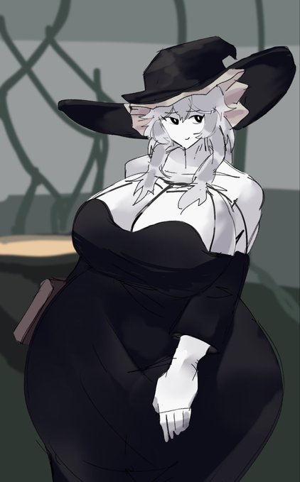 An anime-style character with a large black witch hat and an elegant black dress stands against a muted background.