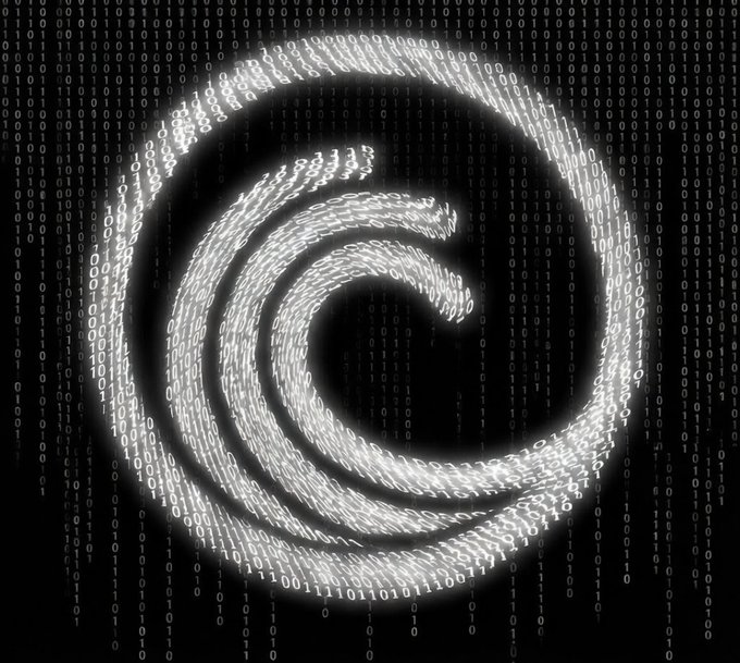 The image displays a swirling spiral formed entirely of binary code (0s and 1s) against a dark background, symbolizing data, decentralization, and blockchain technology. It visually reinforces the post's message about BTT's revenue-driven token buyback mechanism by evoking themes of digital infrastructure and continuous operational flow underlying BitTorrent's protocol ecosystem.