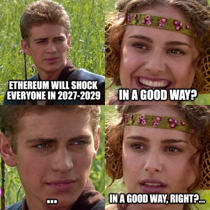 A four-panel "Star Wars: Attack of the Clones" meme featuring Anakin and Padmé in a meadow, with the text "ETHEREUM WILL SHOCK EVERYONE IN 2027-2029" followed by Padmé's hopeful questioning "IN A GOOD WAY?" and "IN A GOOD WAY, RIGHT?..." as Anakin gives an unconvincing "..." response, humorously echoing the post's claim that Ethereum will "shock everyone" while playfully implying doubt about whether the shock will be positive or negative.