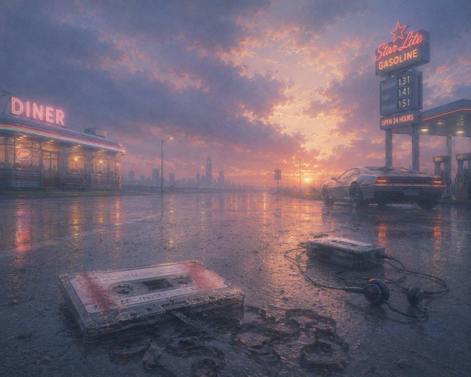 A vibrant, retro-futuristic digital artwork depicting a rainy sunset scene at a 'DINER' and 'Star Lite GASOLINE' station, featuring a sports car, a city skyline, a cassette tape, and headphones in the foreground.