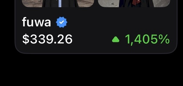 The image shows a Robinhood portfolio entry for "fuwa" at $339.26 with a verified blue checkmark and a 1,405% gain displayed in green, visually confirming the post's claim of an approximately 105x return on the holding.