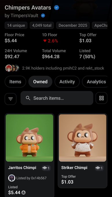 A mobile app screenshot of a 'Chimpers Avatars' NFT collection by TimpersVault, displaying stats like a floor price of $5.44 and items including 'Jarritos Chimpi' and 'Striker Chimpi'.