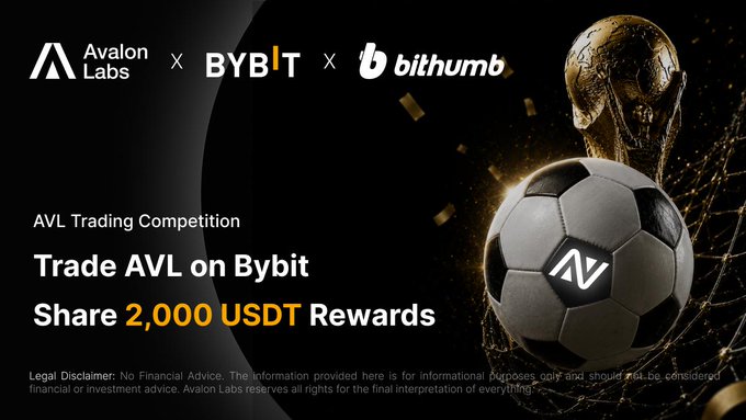 The image is a promotional graphic for the "AVL Trading Competition" featuring logos of Avalon Labs, Bybit, and Bithumb, alongside a golden World Cup-style trophy and an "AV"-branded soccer ball, advertising "2,000 USDT Rewards" for trading AVL tokens. It complements the post announcing the conclusion of Round 2 of the trading competition by visually representing the winners' trophy and reward pool from the campaign.