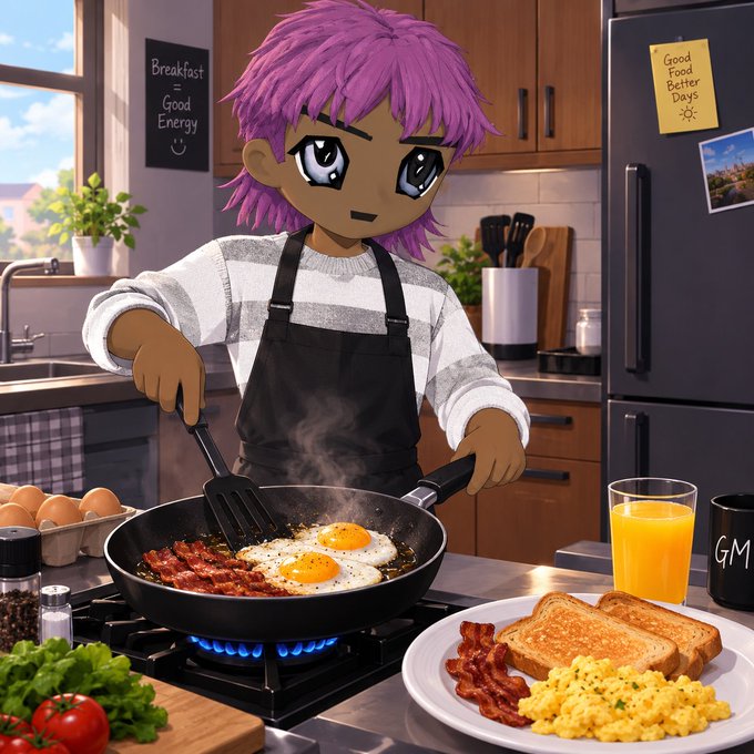 An anime-style illustration shows a character with pink hair and a black apron cooking eggs and bacon on a stove, with a plate of breakfast nearby. Text on the wall reads 'Breakfast = Good Energy' and a fridge note says 'Good Food Better Days'.