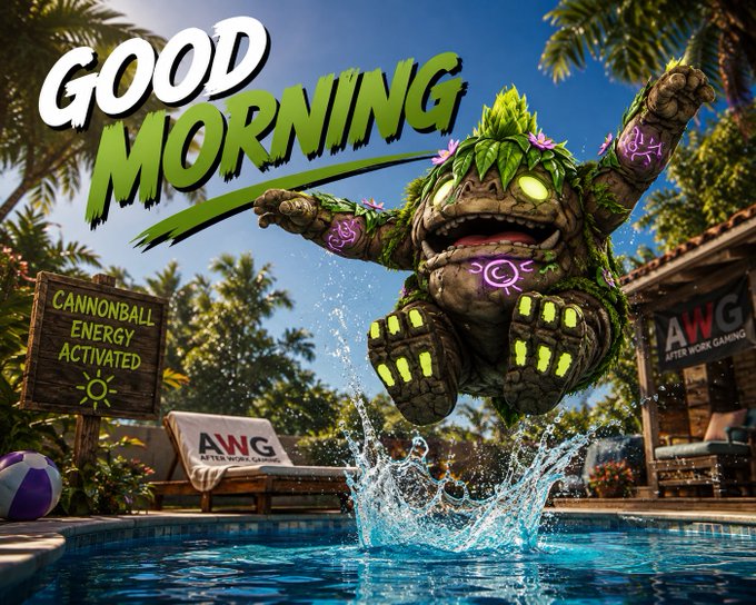 A stone-and-leaf creature with glowing green eyes leaps joyfully into a sunlit pool beside a "CANNONBALL ENERGY ACTIVATED" sign, set against a tropical "AWG After Works Gaming" resort backdrop, echoing the cheerful "GOOD MORNING" greeting. The lively scene captures the energetic, welcoming spirit of the Illuvium brand.