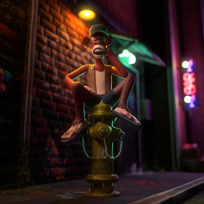 A 3D rendered illustration of a cartoonish monkey character wearing a cap and overalls, sitting on top of a yellow fire hydrant in a neon-lit alleyway.