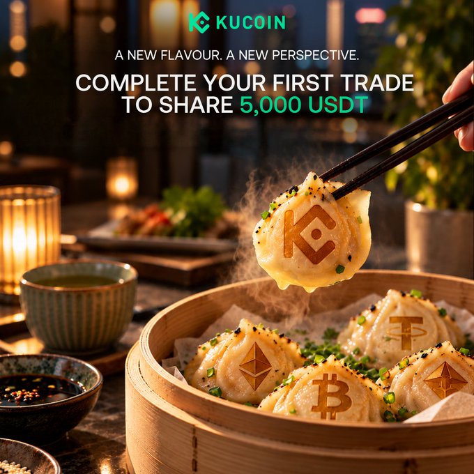 A KuCoin promotional image shows steaming dumplings stamped with cryptocurrency symbols, including Bitcoin and Ethereum, being lifted with chopsticks beside dipping sauces and a bamboo steamer. Text reads “A NEW FLAVOUR. A NEW PERSPECTIVE. COMPLETE YOUR FIRST TRADE TO SHARE 5,000 USDT,” matching the post’s crypto-themed food campaign and prize offer.