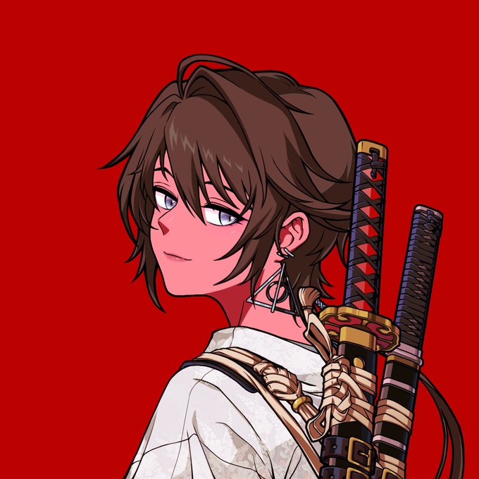 An anime-style illustration of a character with brown hair and purple eyes, wearing a white shirt and carrying two katanas on his back, set against a red background.