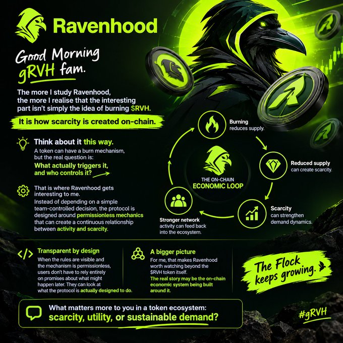 An infographic about the crypto token 'Ravenhood' (gRVH/$RVH) explaining its on-chain economic loop, focusing on permissionless scarcity mechanisms and sustainable demand rather than simple token burns.