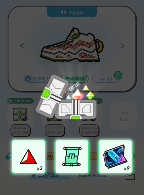A mobile game interface shows a sneaker labeled 'Jogger' at 'Lv 30' with various reward crates and energy refill timers below.