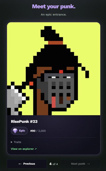 An NFT display page titled 'Meet your punk.' featuring 'RisePunk #23', an Epic rarity (90/2,000) pixel-art character with a black pointed hat.