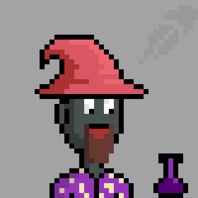 A wizard character wearing a red hat and purple star-patterned robes is depicted in pixel art style, with a purple "1" symbol floating beside them—evoking the rarity or "number one" quality often associated with NFT collectibles.