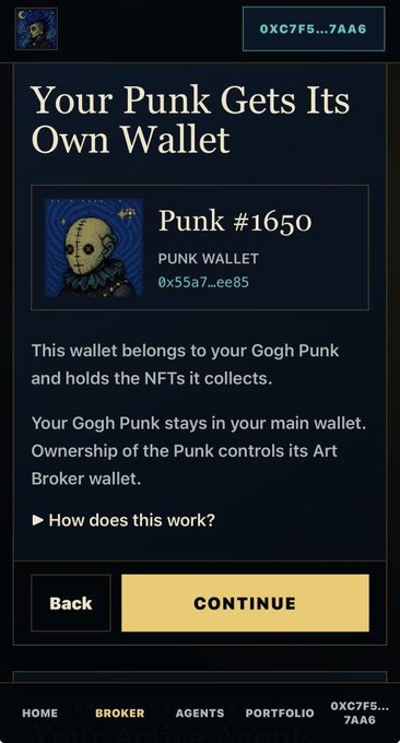 The image shows a setup screen for a "Punk #1650" wallet with the address 0x55a7...ee85, displayed on what appears to be a GoG/Broker platform. The wallet holds NFTs collected by the user's GoG Punk, with navigation options for Home, Broker, Agents, and Portfolio. This relates to the post about community collaboration, as the screen likely represents part of the "agent wizard" feature that was recently improved with community help.