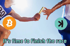 A digitally edited image shows two runners passing a relay baton, with a Bitcoin logo on the left runner and a Kaspa (KAS) logo on the right, accompanied by the text "It's time to Finish the race."
