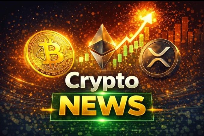 A vibrant 'Crypto NEWS' graphic featuring Bitcoin, Ethereum, and XRP coins alongside an upward trending chart with green candles against a fiery orange background.