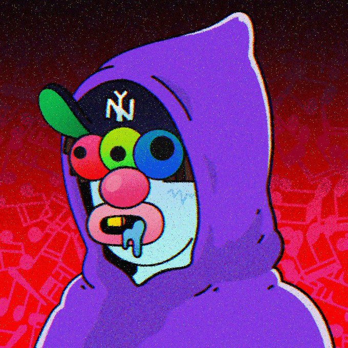 A vibrant pop-art style illustration of a figure in a purple hoodie with a multi-colored face featuring red, green, and blue eyes, wearing a New York Yankees cap, set against a red background with circuit-like patterns.