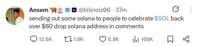 A tweet from Ansem (@blknoiz06) offering to send Solana to celebrate $SOL back over $80, asking followers to drop their Solana addresses in the comments (12.6K replies, 168K views).