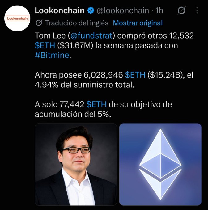 The image is a tweet from Lookonchain reporting that Tom Lee (@fundstrat) purchased 12,532 $ETH ($31.67M) last week via #Bitmine, bringing his holdings to 6,028,946 $ETH ($15.24B), representing 4.94% of the "total supply," and is just 77,442 $ETH away from his 5% accumulation goal. The accompanying question challenges the claim by asking what ETH's "total supply" actually is, since 6,028,946 ETH represents roughly 5% of an extremely small fraction of Ethereum's true circulating supply (over 120 million ETH), suggesting the 4.94% figure is misleading without that context.
