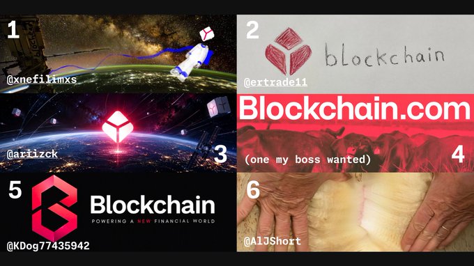 The image shows a 2x3 grid of six numbered design entries for a header picture, each featuring variations of blockchain-themed imagery including stylized logos, red diamond/cube icons, space backgrounds with @xnefilimx and @artilzck designs, hand-drawn sketches (@rtrade11), bull imagery, and the "Blockchain" wordmark with "Powering a new financial world" tagline (@KDog77435942), along with an elderly person's hands (@Al3Short). The accompanying post asks for preferences among these header pic entries, with this image presenting the options being voted on for selection.