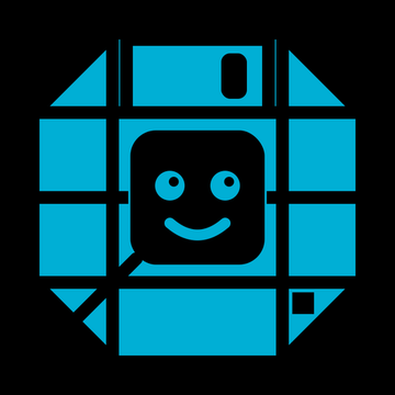 A stylized, geometric blue logo depicts a smiling robot or character face constructed from square and rectangular shapes on a black background.