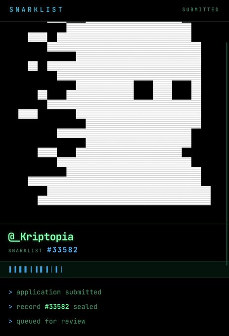 A pixelated ghost-like silhouette with two black square eyes is displayed on a "SNARKLIST" submission screen for user @_Kriptopia (record #33582), which has been submitted, sealed, and queued for review, matching the accompanying post about an application to the snarklist shielded by default @zksnarks_.