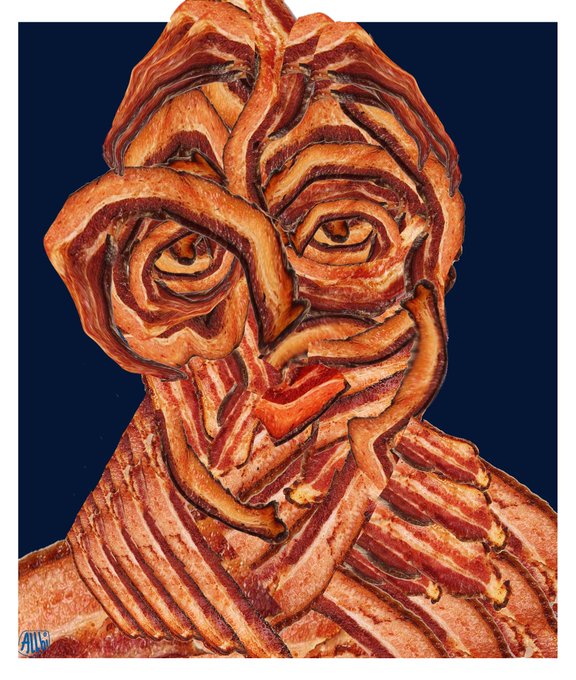 A surreal portrait rendered in a Francis Bacon-esque style, with a face constructed from twisted, striated ribbons of orange and red flesh set against a dark blue background. The distorted, meat-like figure connects to the post by visually referencing the grotesque, painterly aesthetic associated with Francis Bacon, the artist mentioned in the caption.
