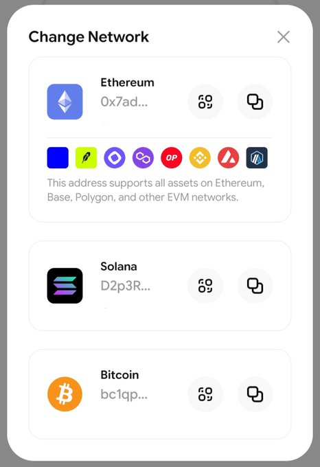 A "Change Network" interface displays wallet addresses for Ethereum (0x7ad...), Solana (D2p3R...), and Bitcoin (bc1qp...), showing support for multiple EVM networks including Base, Polygon, and Optimism, visually reinforcing the post's claim that the Base app supports Ethereum, Solana, and Bitcoin.