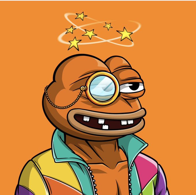 A cartoon illustration of a brown frog-like character wearing a colorful jacket and a monocle, with cartoon stars circling his head against an orange background.
