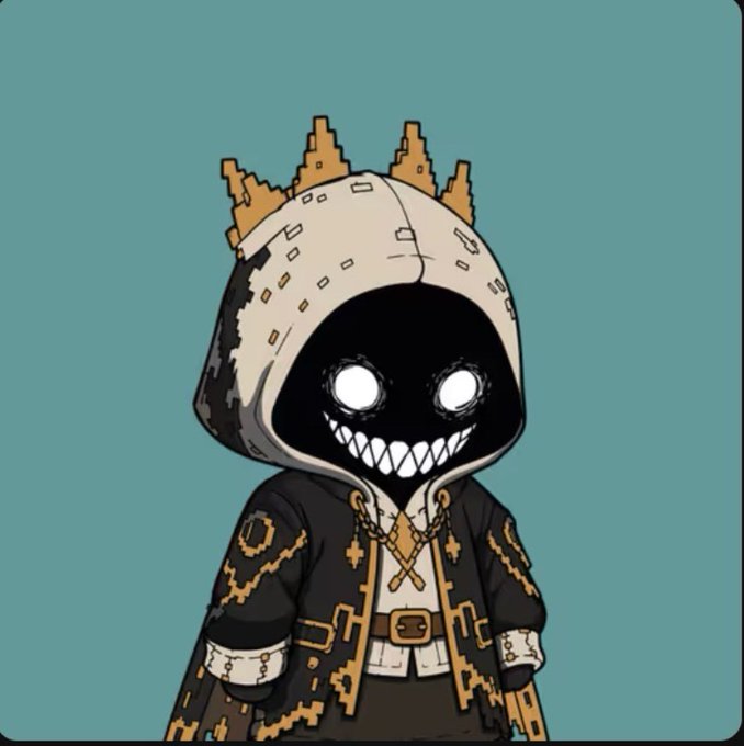 A stylized pixel-art character with a black hooded cloak, golden crown, glowing white eyes, and a sharp-toothed grin stands against a teal background. The illustration serves as the "Monster PFP" being celebrated in the post, showcasing the unique artwork received from @kapyshart as part of the Monad ecosystem launch.