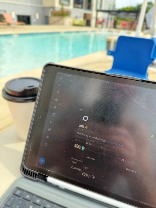 A tablet displaying the X (Twitter) profile of @ORE, showing a post titled 'Nerd Money for the Digital Age', sitting on a table by a swimming pool with a coffee cup nearby.