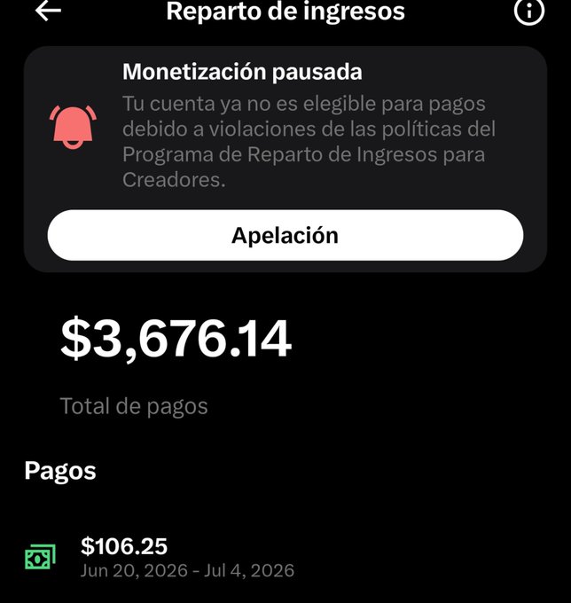 A screenshot of a Spotify for Creators revenue share page in Spanish showing "Monetización pausada" (Monetization paused) with $3,676.14 in total lifetime payouts and a recent payment of $106.25 for Jun 20, 2026 – Jul 4, 2026. The accompanying caption ("It's so sad to see this news, I hope this can come back. I'll still be here with you.") suggests the creator is sharing the disappointing news that their account has been suspended from the revenue program due to policy violations.