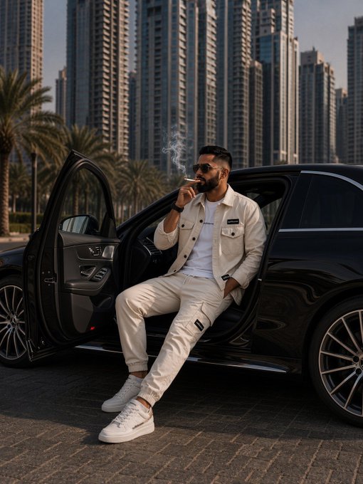 A stylish man in a white outfit and sunglasses sits on the door of a black luxury car smoking a cigarette, with a city skyline of tall skyscrapers and palm trees in the background.