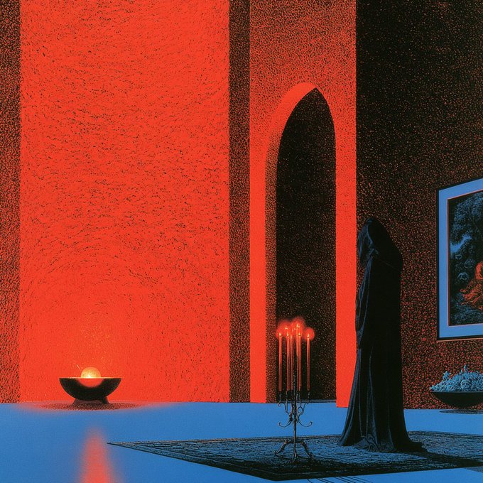 A stylized red and black illustration of a hooded figure standing in a large room with arched doorways, lit candles, and framed art on the textured walls.