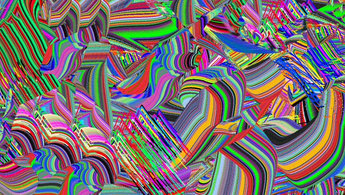 An abstract, chaotic image features distorted, multi-colored stripes and geometric patterns in red, green, blue, yellow, and purple.