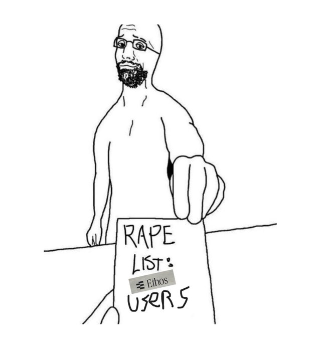 A crudely drawn Wojak-style figure with glasses and a beard holds up a paper labeled "RAPE LIST: Ethos USERS," mocking the Ethos Network presale terms as exploitative toward investors, as referenced in the accompanying critical post about the project's abysmal terms and high extraction.